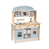 ROBUD Spielküchen aus Holz für Kinder & Kleinkinder, Puppenküche Zubehör mit Mikrowellenofen, Waschmaschine, Reiskocher, Geschirr| Geschenke ab 3 Jahren