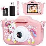 Kinderkamera,1080P Kinder-Digitalkamera mit 32 GB TF-Karte, Einhorn Kamera Abdeckung/HD Video/5 Lernspiele/8 facher Zoom/46 Bilderrahmen und Filter, Geschenke für Jungen Mädchen 3–8 Jahren