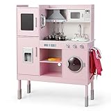 COSTWAY Kinderküche mit 16 Spielzubehör, Spielküche Holz inkl. Dunstabzugshaube & Eismaschine & Telefon & Waschmaschine & Mikrowelle, Spielzeugküche für Kinder ab 3 Jahren, Rosa (83 x 29 x 103 cm)
