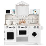 DREAMADE Kinderküche aus Holz, Spielküche mit Spielzubehör, Kinderspielküche mit Spüle Herd Backofen Mikrowelle Waschmaschine, Holzküche Spielzeugküche für Kinder ab 3 Jahren, 78 x 29 x 93 cm