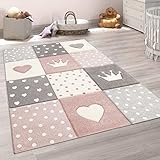 Paco Home Teppich Kinderzimmer Junge Mädchen Kinderteppich Spielteppich Kurzflor 3D Optik Pastell Punkte Herzen Krone, Grösse:80x150 cm, Farbe:Pink