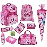 Familando Mädchen Schulranzen 1. Klasse Butterfly · ergonomischer Tornister · Schmetterling Schultasche im Set (10-teilig mit Schultüte)
