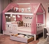 Alcube® HEIM Kinderbett 90x200 mit zwei Schubladen mit Rausfallschutz und Rolllattenrost - Hausbett 90x200 Dachgestell für Jungen & Mädchen - Kinder Haus Bett aus Kiefernholz für Kinderzimmer Weiß