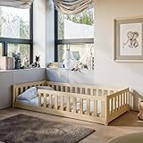 Kinderbett Bodenbett 90x200 cm mit Rausfallschutz & Lattenrost Montessori Bett Bed Gitterbett Kinder Jugendbett Einzelbett optional mit Matratze | natur weitere Größen 80x160 | 120x200 | 140x200 cm