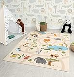 the carpet Happy Life Kinderzimmer, Kinderteppich, Spielteppich, Straßenteppich, Straße, Dschungel, Tiere, Auto, Beige, 120 x 160 cm