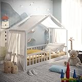 CADANI Malte Hausbett 90x200 cm Bodenbett Weiß, Flexibler Rausfallschutz, Kinderbett Umbaubar, Montessori Design, Holzbett mit Lattenrost